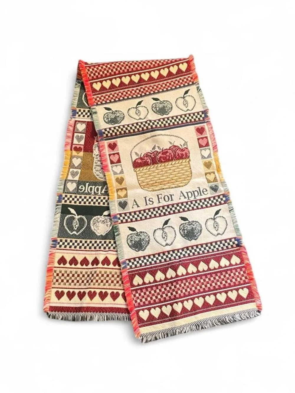 Vintage 90s Apple Sampler Tapestry Table Runner Fall Cottagecore Grannycore Red